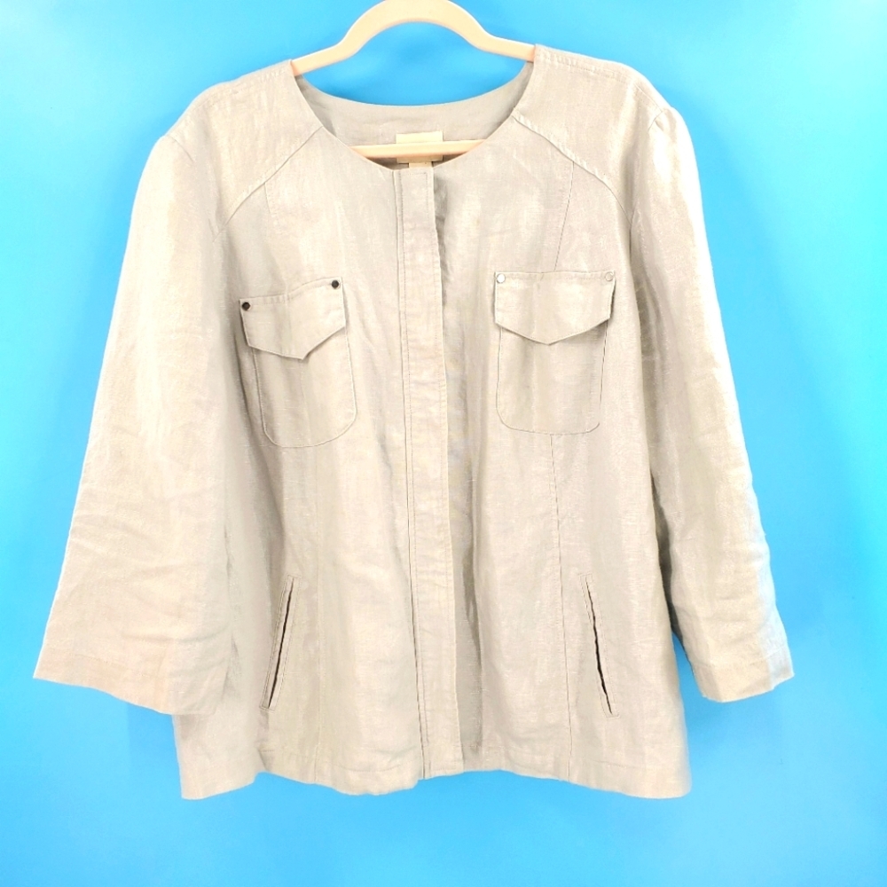 Chico's Neutral Beige Collarless Linen-Blend Jacket